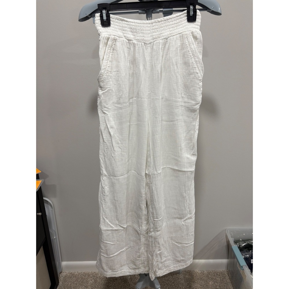 Aerie‎ White 100% Cotton Gauze Wide Leg Pull On Pant 29" Eyelet Slit Small